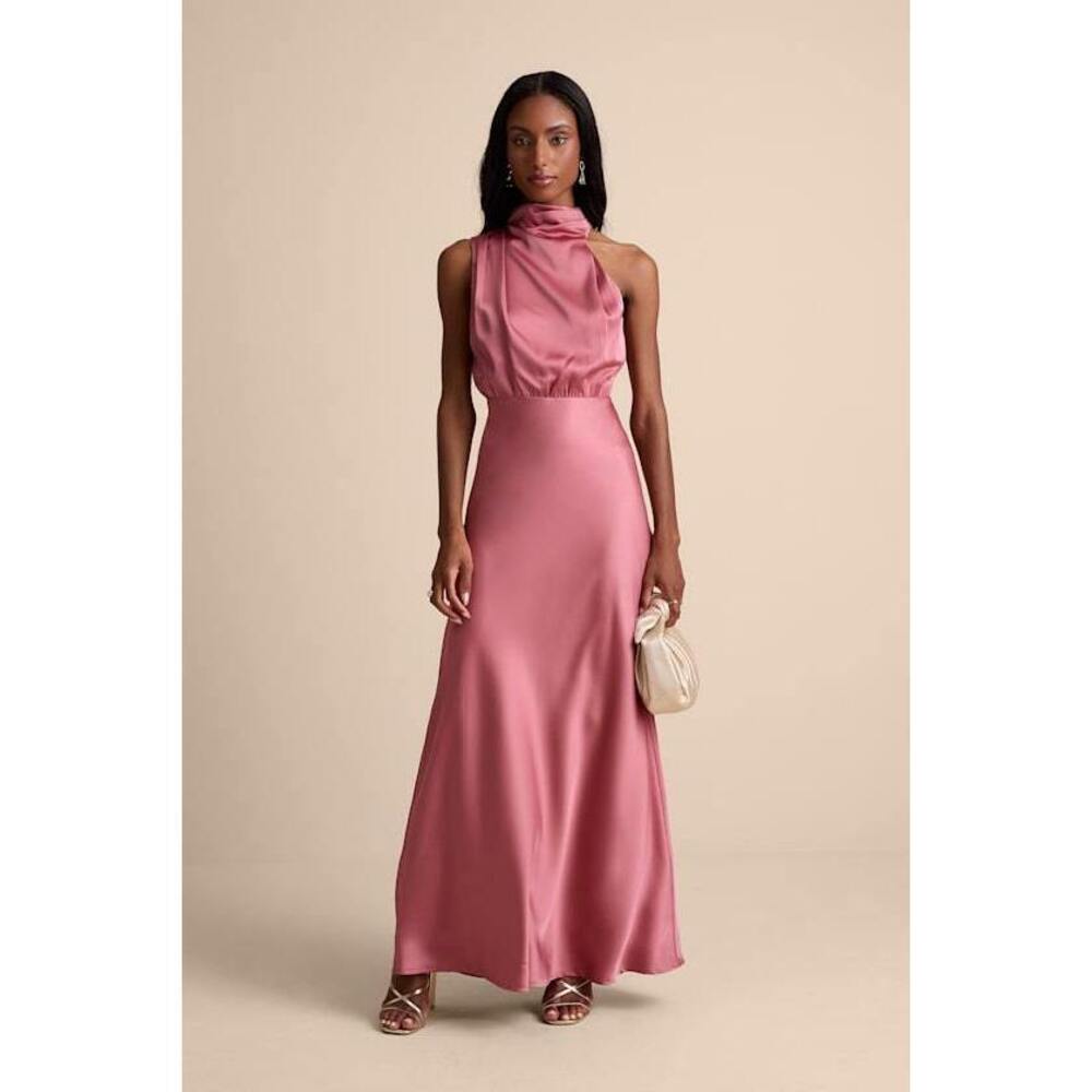 Lulus Distinctive Charm Rose Pink Satin Asymmetrical Maxi Dress - Size S